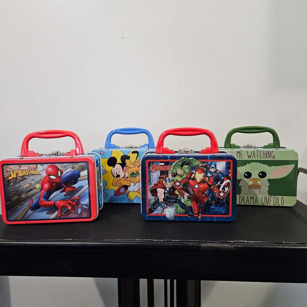 Lot of 4 collectible mini tin lunch boxes Disney Marvel Grogu Spider Man Mickey